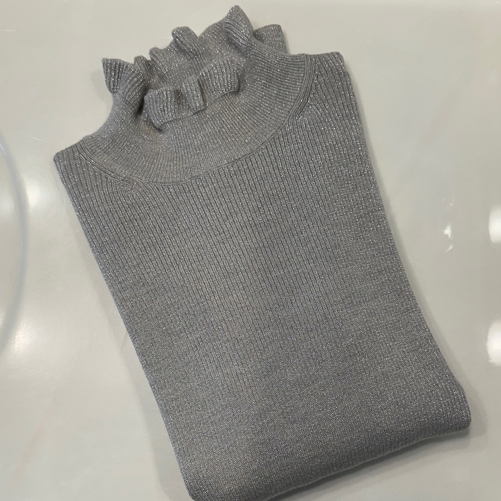 J. CREW Silver Metallic Merino Wool Ruffle Neck Pullover Sweater Classic Small